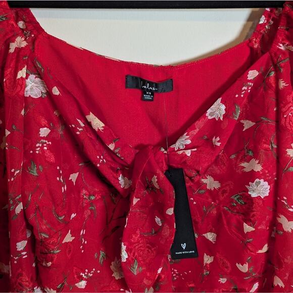 Lulu's red floral tie front long sleeve top - Picture 13 of 14